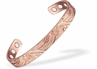 Magnetic Bracelet with modern floral imprint and 8 magnets Copper, Adjustable bangle Can combat joint pain and improve circulation Delivered in a soft, black, velveteen pouch
