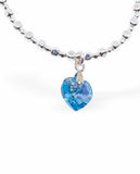 Stretch Charm Bracelet, Rhodium Plated Aquamarine blue Heart Charm 6cm diameter, stretch  Nickel, Lead and Cadmium Free, Hypoallergenic Delivered in a soft, black, velveteen pouch