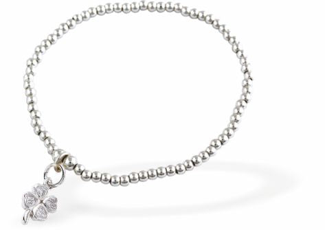 Stretch Charm Bracelet, Rhodium Plated
Clover Charm
6cm diameter, stretch&nbsp;
Nickel, Lead and Cadmium Free, Hypoallergenic
Delivered in a soft, black, velveteen pouch
