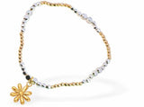 Stretch Charm Bracelet with Silver Coloured Beads, Rhodium Plated, and Daisy Charm