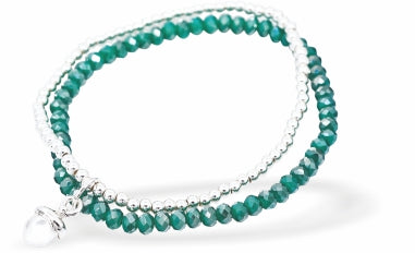 Stretch Double Bracelet With Green and Silver Beads with Acorn Charm