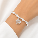Silver Coloured Stretch, Beaded, Slip On Bracelet, Rhodium Plated with Tree lf Life Charm