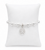Silver Coloured Stretch, Beaded, Slip On Bracelet, Rhodium Plated with Tree lf Life Charm