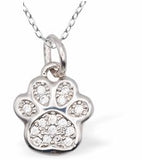 Silver Coloured Pave Crystal Encrusted Paw Print Necklace, Rhodium Plated