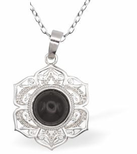 Silver Coloured Necklace with Obsidian Crystal Centre and Ornate Floral Frame
28mm in size
Choice of 18" Stainless Steel or Sterling Silver Chains
Hypoallergenic; Free from cadmium, lead and nickel

Delivered in a soft, black, velveteen pouch