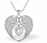 Silver Coloured Heart Shaped Wings with Crystal Heart Necklace, Rhodium Plated