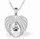 Silver Coloured Heart Shaped Wings with Paw Print Necklace, Rhodium Plated