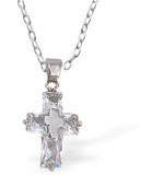 Austrian Crystal Cross Necklace Glitzy Crystal, 15mm in size Choice of Stainless Steel or Sterling Silver Chains Hypoallergenic: Nickel, Lead and Cadmium Free Delivered in a soft, black, velveteen pouch