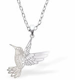 Silver Coloured Hummingbird Necklace 30mm in Size Choice of Stainless Steel or Sterling Silver Chains Hypoallergenic; Free from cadmium, lead and nickel Delivered in a soft, black, velveteen pouch