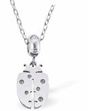 Silver Coloured Ladybird Necklace 18" in size Choice of Stainless Steel or Sterling Silver Chains Hypoallergenic; Free from cadmium, lead and nickel Delivered in a soft, black, velveteen pouch