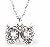 Silver Coloured Owl Mask Necklace 20mm in size Choice of 18" Stainless Steel or Sterling Silver Chains Hypoallergenic; Free from cadmium, lead and nickel Delivered in a soft, black, velveteen pouch