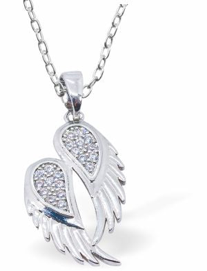 Austrian Crystalized, Silver Coloured Angel Wings Necklace 29mm in size Choice of 18" Stainless Steel or Sterling Silver Chains Hypoallergenic: Lead, nickel and cadmium free Delivered in a soft, black, velveteen pouch