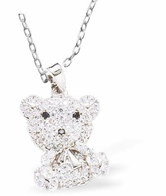 Austrian Pave Crystalized Cute Teddy Necklace 25mm in size Choice of 18" Stainless Steel or Sterling Silver Chains Hypoallergenic: Lead, nickel and cadmium free Delivered in a soft, black, velveteen pouch