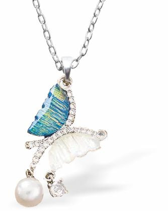 White and Blue Butterfly Necklace with Pearl 30mm in size Choice of 18" Stainless Steel or Sterling Silver Chains Hypoallergenic; Free from cadmium, lead and nickel Delivered in a soft, black, velveteen pouch