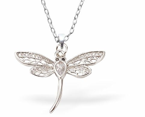 Pretty Silver Coloured Dragonfly Necklace 30mm in size Choice of 18" Stainless Steel or Sterling Silver Chains Hypoallergenic; Free from cadmium, lead and nickel Delivered in a soft, black, velveteen pouch