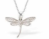Pretty Silver Coloured Dragonfly Necklace 30mm in size Choice of 18" Stainless Steel or Sterling Silver Chains Hypoallergenic; Free from cadmium, lead and nickel Delivered in a soft, black, velveteen pouch