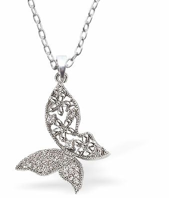 Pretty Silver Coloured Butterfly Necklace 19mm in size Choice of 18" Stainless Steel or Sterling Silver Chains Hypoallergenic; Free from cadmium, lead and nickel Delivered in a soft, black, velveteen pouch
