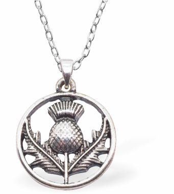 Silver Coloured Traditional Thistle Necklace 28mm in size Choice of 18" Stainless Steel or Sterling Silver Chains Hypoallergenic; Free from cadmium, lead and nickel Delivered in a soft, grey, velveteen pouch