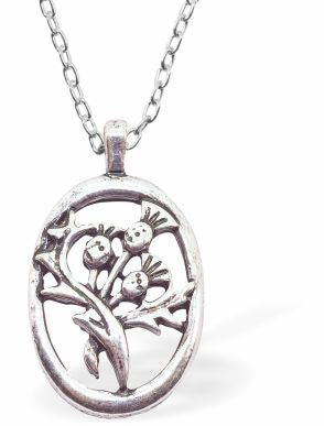 Silver Coloured Framed Thistle Necklace 31mm in size Choice of 18" Stainless Steel or Sterling Silver Chains Hypoallergenic; Free from cadmium, lead and nickel Delivered in a soft, grey, velveteen pouch