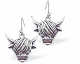 Long Horn Highland Cow Drop Earrings Silver Coloured, 18mm in size Rhodium Plated Hypoallergenic; Free from cadmium, lead and nickel Delivered in a soft, black, velveteen pouch