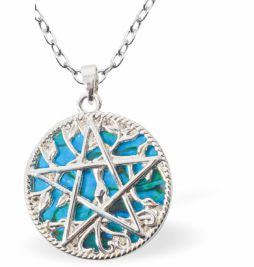 Paua Shell Pentagram Necklace
Hypoallergenic: Nickel, Lead and Cadmium Free
24mm in size, with 18" chain
Rhodium Plated
Delivered in a soft, black, velveteen pouch