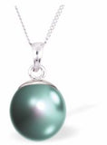 Austrian Crystal Pearl Necklace Colour: Iridescent Light Turquoise Pearl is 10mm in size Choice of 18" Stainless Steel or Sterling Silver See choice of stud earrings (CP 141 and CP161) or drop earrings (CP121) Delivered in a soft, black, velveteen pouch