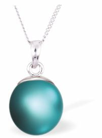 Austrian Crystal Pearl Necklace Colour: Iridescent Dark Turquoise Pearl is 10mm in size Choice of 18" Stainless Steel or Sterling Silver See choice of stud earrings (CP 142 and CP162) or drop earrings (CP122) Delivered in a soft, black, velveteen pouch