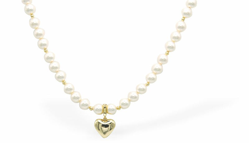 Austrian Crystal String of Pearls and Crystal Necklace in White with Heart Drop