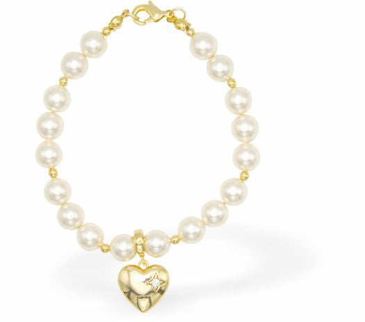 Austrian Crystal String of Pearls and Crystal Bracelet in White with Heart Drop