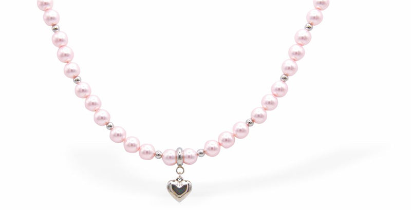 Austrian Crystal String of Pearls and Crystal Necklace in Rosaline Pink with Heart Drop