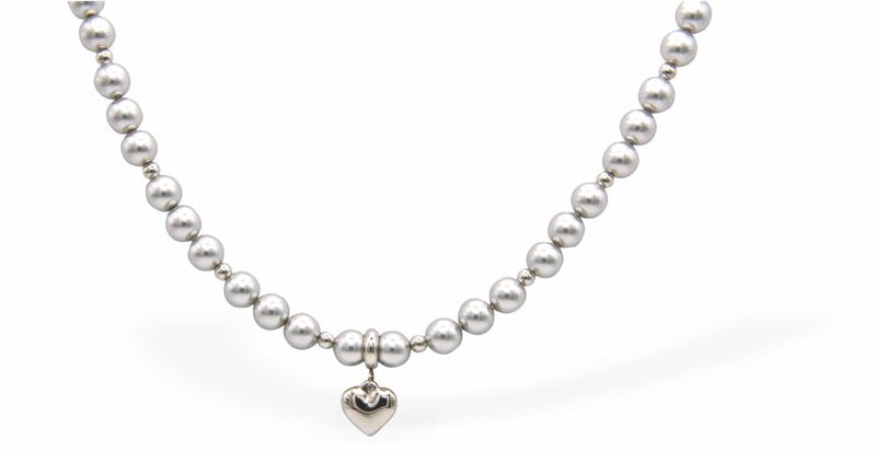 Austrian Crystal String of Pearls and Crystal Necklace in Light Grey with Heart Charm