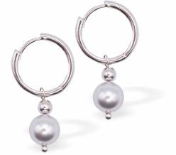Austrian Crystal 8mm Pearl Drop Earrings in Light Grey, Rhodium Plated