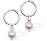 Austrian Crystal 8mm Pearl Drop Earrings in Light Grey, Rhodium Plated