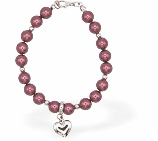 Austrian Crystal String of Pearls and Crystal Bracelet in Burgundy Red with Heart Charm