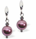 Austrian Crystal 8mm Pearl Drop Earrings in Light Grey, Burgundy Red
