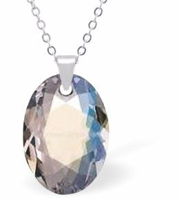 Embellished with Crystals by Swarovski® Multi Faceted Oval Elliptic Necklace Clear Crystal Shimmer in Colour 16mm in size Choice of 18" Stainless Steel or Sterling Silver Chain Hypo allergenic: Free from Lead, Nickel and Cadmium See matching earrings EL51 Delivered in a soft, grey, velveteen pouch