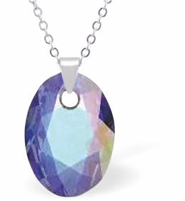 Embellished with Crystals by Swarovski® Multi Faceted Oval Elliptic Necklace Aurora Borealis in Colour 16mm in size Choice of 18" Stainless Steel or Sterling Silver Chain Hypo allergenic: Free from Lead, Nickel and Cadmium See matching earrings EL53 Delivered in a soft, grey, velveteen pouch