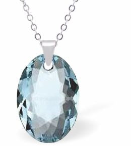 Embellished with Crystals by Swarovski® Multi Faceted Oval Elliptic Necklace Aquamarine Blue in Colour 16mm in size Choice of 18" Stainless Steel or Sterling Silver Chain Hypo allergenic: Free from Lead, Nickel and Cadmium See matching earrings EL55 Delivered in a soft, grey, velveteen pouch