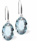 Austrian Crystal Multi Faceted Oval Elliptic Drop Earrings Aquamarine Blue in Colour 11.5mm in size - Rhodium Plated Earwires Hypo allergenic: Free from Lead, Nickel and Cadmium See matching necklace EL54 Delivered in a soft, black, velveteen pouch