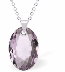Embellished with Crystals by Swarovski® Multi Faceted Oval Elliptic Necklace Warm Amethyst Purple in Colour 16mm in size Choice of 18" Stainless Steel or Sterling Silver Chain Hypo allergenic: Free from Lead, Nickel and Cadmium See matching earrings EL57 Delivered in a soft, grey, velveteen pouch
