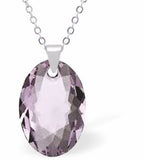 Austrian Crystal Multi Faceted Oval Elliptic Necklace Warm Amethyst Purple in Colour 16mm in size Choice of 18" Stainless Steel or Sterling Silver Chain Hypo allergenic: Free from Lead, Nickel and Cadmium See matching earrings EL57 Delivered in a soft, black, velveteen pouch