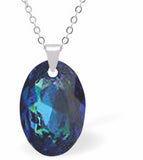 Austrian Crystal Multi Faceted Oval Elliptic Necklace Bermuda Blue in Colour 16mm in size Choice of 18" Stainless Steel or Sterling Silver Chain Hypo allergenic: Free from Lead, Nickel and Cadmium See matching earrings EL59 Delivered in a soft, black, velveteen pouch