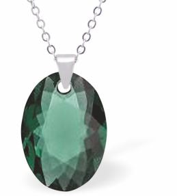 Embellished with Crystals by Swarovski® Multi Faceted Oval Elliptic Necklace Emerald Green in Colour 16mm in size Choice of 18" Stainless Steel or Sterling Silver Chain Hypo allergenic: Free from Lead, Nickel and Cadmium See matching earrings EL60 Delivered in a soft, grey, velveteen pouch