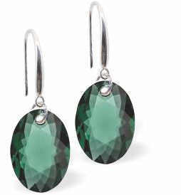 Austrian Crystal Multi Faceted Oval Elliptic Drop Earrings Emerald Green in Colour 11.5mm in size - Rhodium Plated Earwires Hypo allergenic: Free from Lead, Nickel and Cadmium See matching necklace EL61 Delivered in a soft, black, velveteen pouch