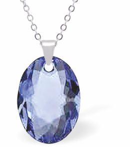 Embellished with Crystals by Swarovski® Multi Faceted Oval Elliptic Necklace Sapphire Blue in Colour 16mm in size Choice of 18" Stainless Steel or Sterling Silver Chain Hypo allergenic: Free from Lead, Nickel and Cadmium See matching earrings EL63 Delivered in a soft, grey, velveteen pouch