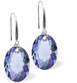 Austrian Crystal Multi Faceted Oval Elliptic Drop Earrings Sapphire Blue in Colour 11.5mm in size - Rhodium Plated Earwires Hypo allergenic: Free from Lead, Nickel and Cadmium See matching necklace EL62 Delivered in a soft, black, velveteen pouch