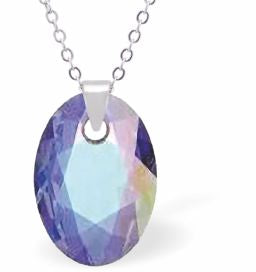 Embellished with Crystals by Swarovski® Multi Faceted Oval Elliptic Necklace Vitrail Light in Colour 16mm in size Choice of 18" Stainless Steel or Sterling Silver Chain Hypo allergenic: Free from Lead, Nickel and Cadmium See matching earrings EL71 Delivered in a soft, grey, velveteen pouch