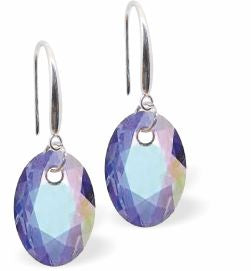 Austrian Crystal Multi Faceted Oval Elliptic Drop Earrings Vitrail Light in Colour 11.5mm in size - Rhodium Plated Earwires Hypo allergenic: Free from Lead, Nickel and Cadmium See matching necklace EL71 Delivered in a soft, black, velveteen pouch