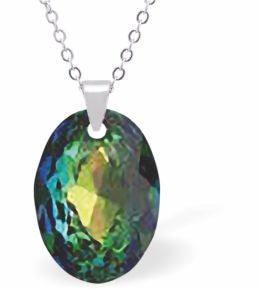 Embellished with Crystals by Swarovski® Multi Faceted Oval Elliptic Necklace Vitrail Medium in Colour 16mm in size Choice of 18" Stainless Steel or Sterling Silver Chain Hypo allergenic: Free from Lead, Nickel and Cadmium See matching earrings EL73 Delivered in a soft, grey, velveteen pouch
