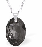 Austrian Crystal Multi Faceted Oval Elliptic Necklace Silver Night Grey in Colour 16mm in size Choice of 18" Stainless Steel or Sterling Silver Chain Hypo allergenic: Free from Lead, Nickel and Cadmium See matching earrings EL75 Delivered in a soft, black, velveteen pouch